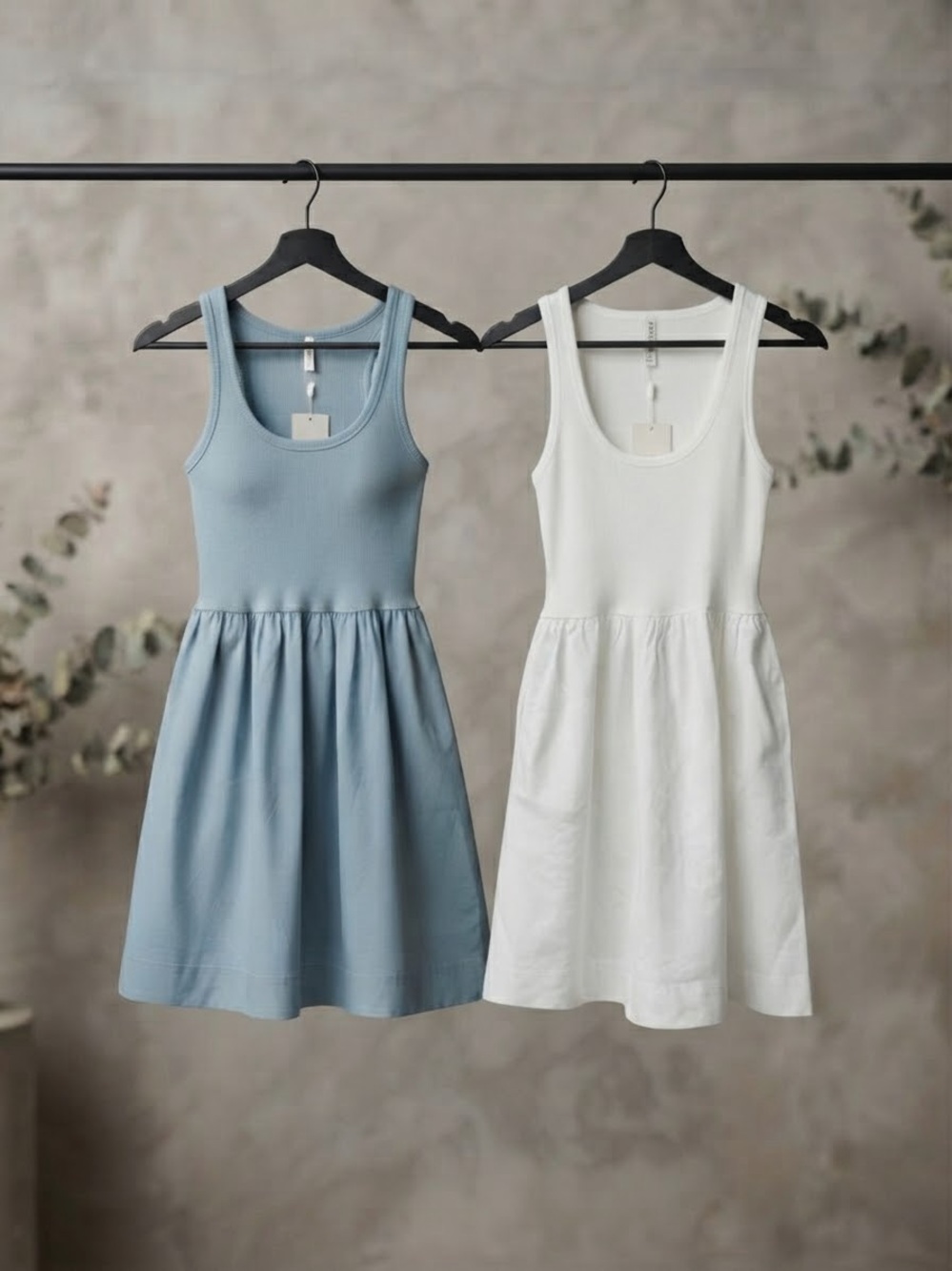 Sleeveless Scoop Neck Cotton Dress in Blue or White